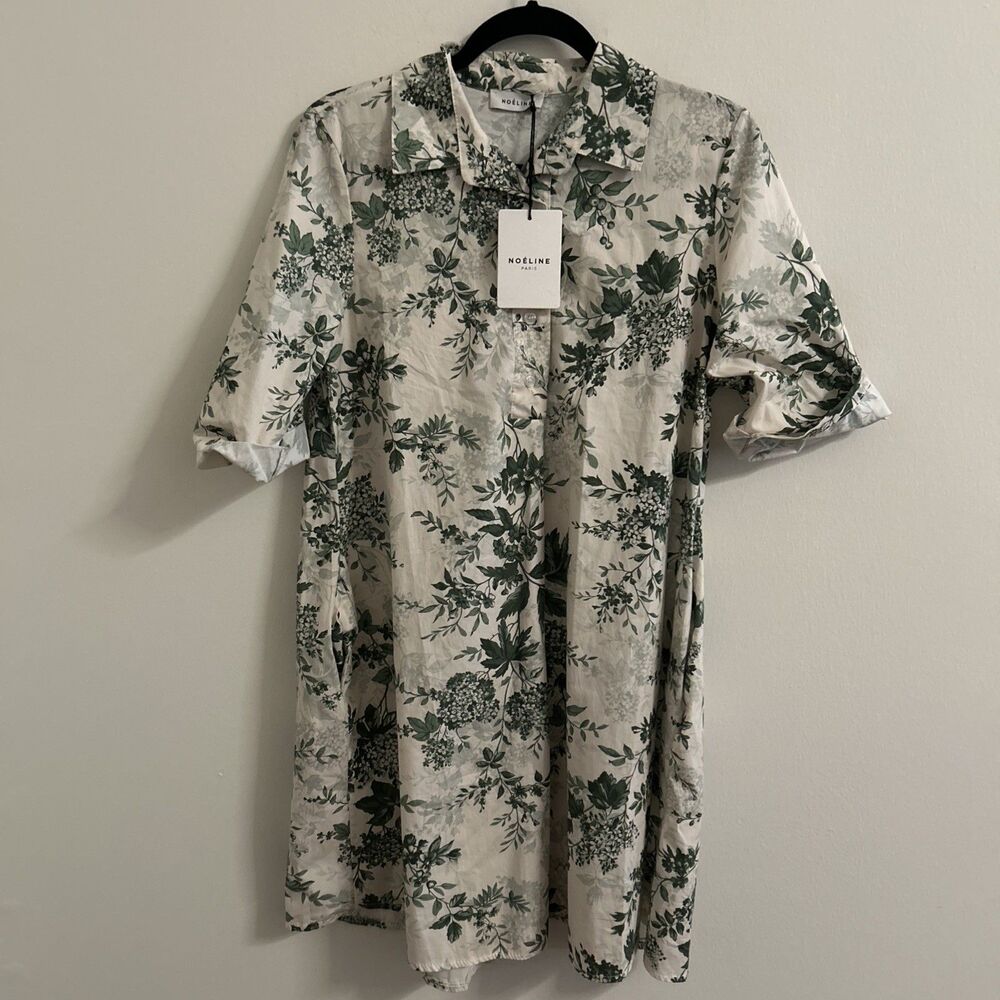 Women’s Small Noéline green and white floral print shirt dress NWT